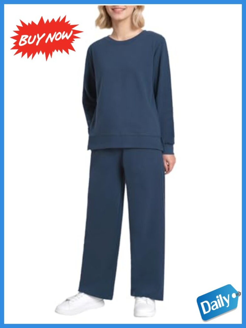 Petite 100% Cotton 2-Piece Sweatsuit Set Side Slit Wide Leg Sweatpants